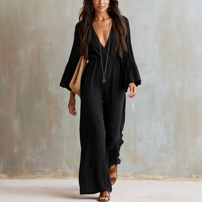 Women's Boho V-Neck Bell Sleeve Wide Leg Jumpsuit