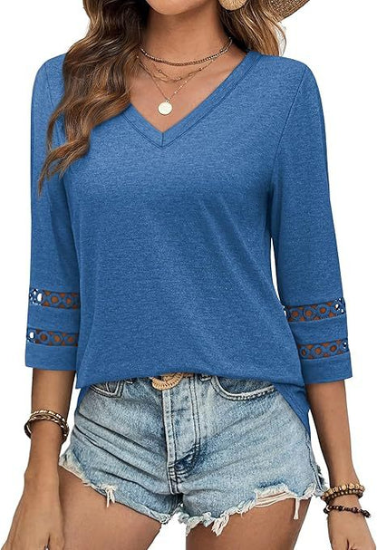 White V-Neck Lace Sleeve Casual Knit Top for Women