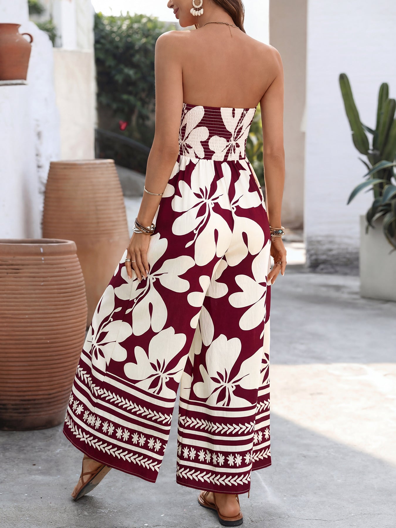 Women’s Strapless Floral Wide Leg Jumpsuit Summer Boho