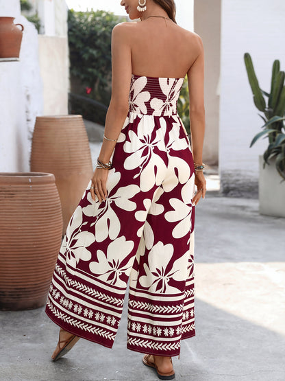 Women’s Strapless Floral Wide Leg Jumpsuit Summer Boho