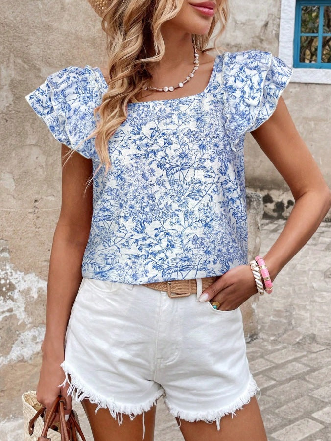 Floral Print Flutter Sleeve Blouse Square Neck Summer Top