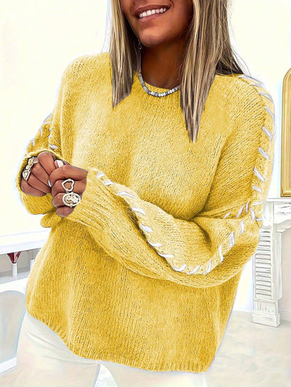 Women's Oversized Crew Neck Sweater Contrast Stitch Pullover