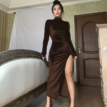 Women's Velvet Mock Neck Long Sleeve Ruched Slit Maxi Dress