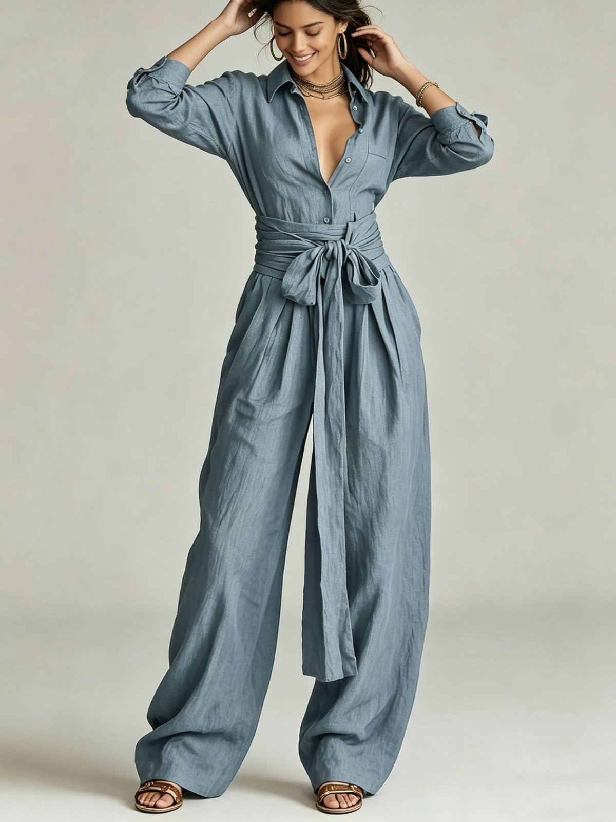 Women's Linen Blend Shirt High Waist Wide Leg Pants Set