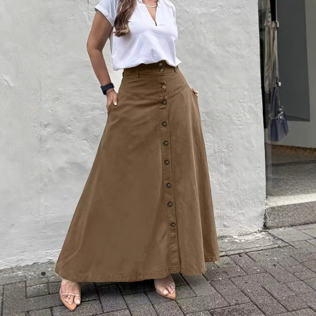 Women's High Waist Button Front Maxi Skirt A-Line Pockets