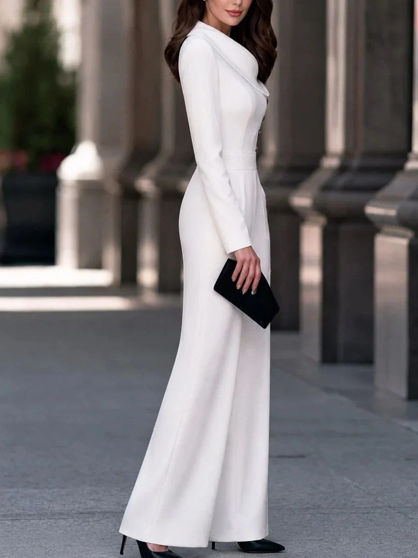 Elegant Shawl Collar Asymmetric Button Wide Leg Jumpsuit