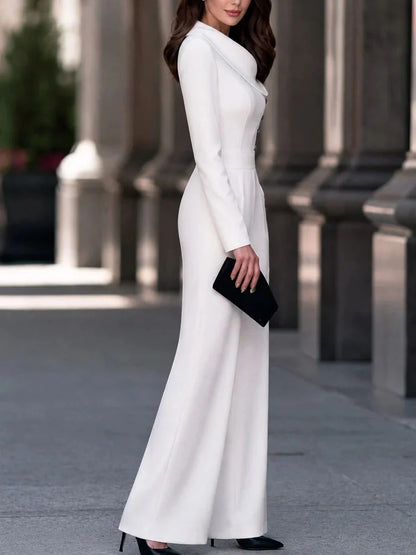 Elegant Shawl Collar Asymmetric Button Wide Leg Jumpsuit