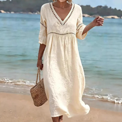Women's V-Neck Eyelet Midi Dress Flowy 3/4 Sleeve