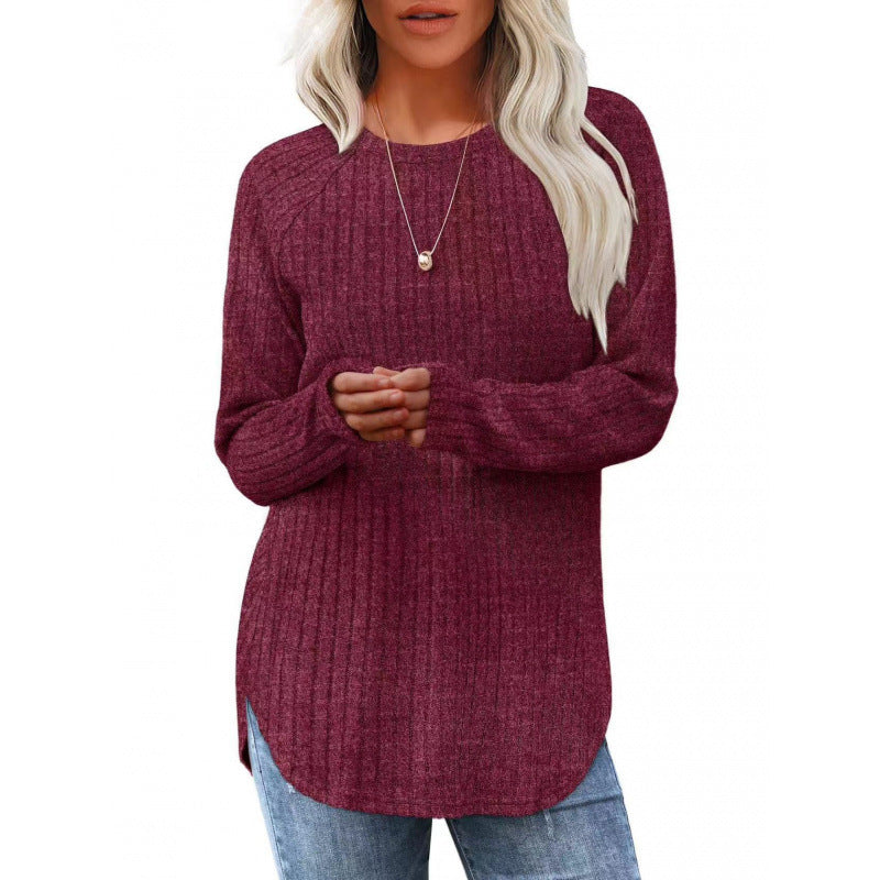 Women's Brushed Rib Long Sleeve Crew Neck Curved Hem Top