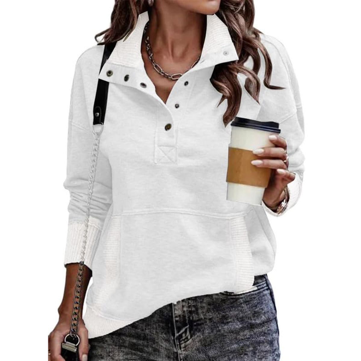 Women's Oversized Button Sweatshirt with Pocket