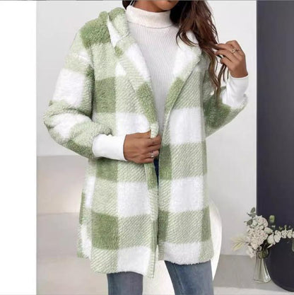 Women's Oversized Plaid Hooded Cardigan Sweater