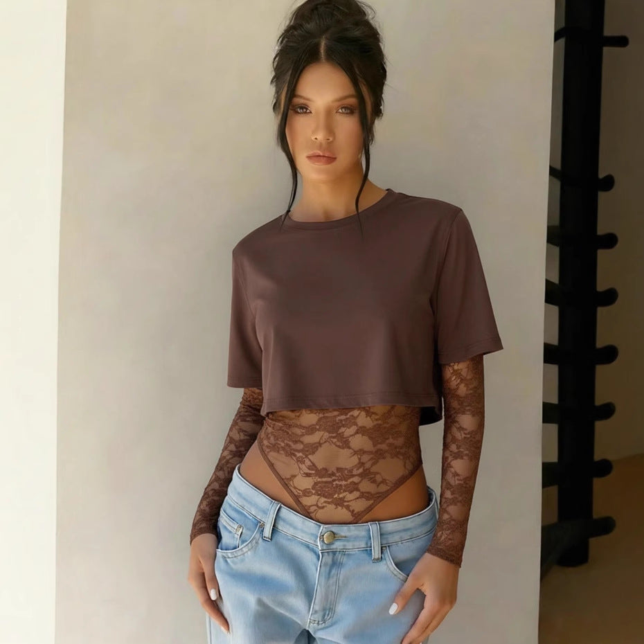 Lace Patchwork Bodysuit Top Women Sexy Crop Tee Shirt
