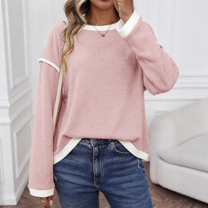 Contrast Trim Long Sleeve Waffle Knit Pullover