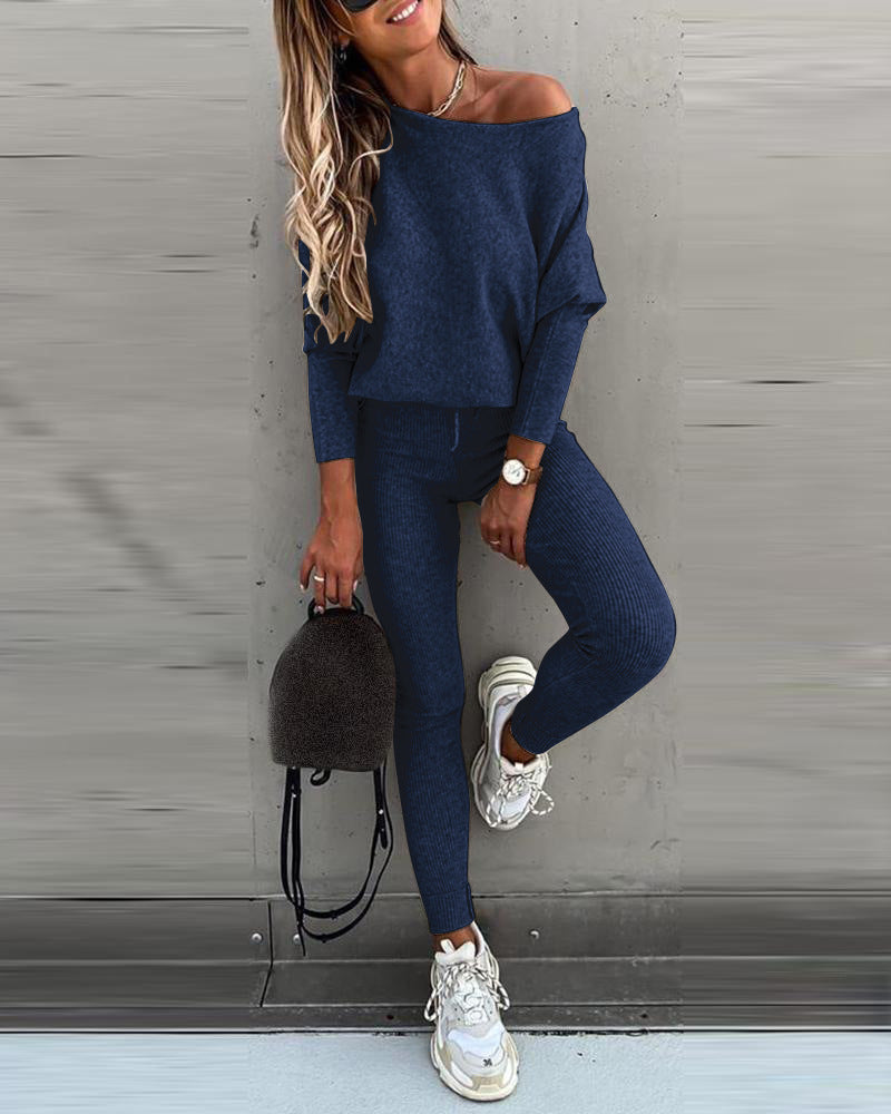 Women's Off Shoulder Ribbed Two Piece Lounge Set