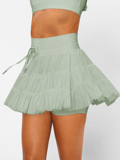 Solid Pleated Skort High Waist Ruffle Tiered Mini