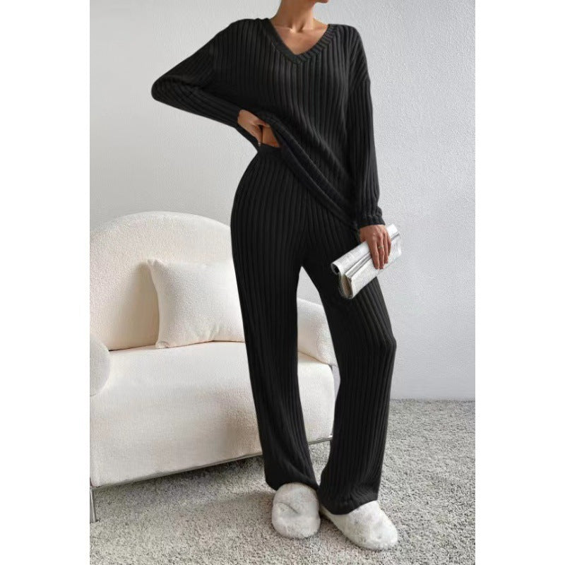 Ribbed Knit V-Neck Sweater Wide Leg Pants Set