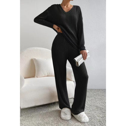 Ribbed Knit V-Neck Sweater Wide Leg Pants Set