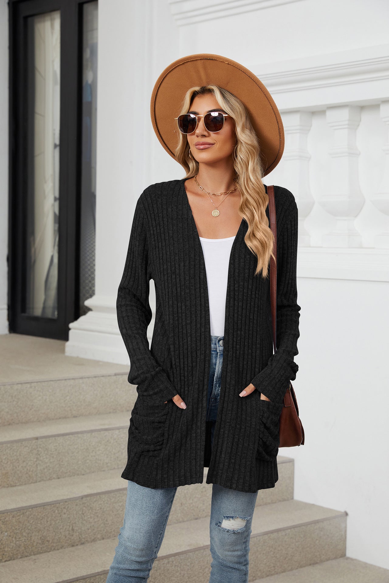 Cozy Ribbed Knit Long Sleeve Open Front Cardigan