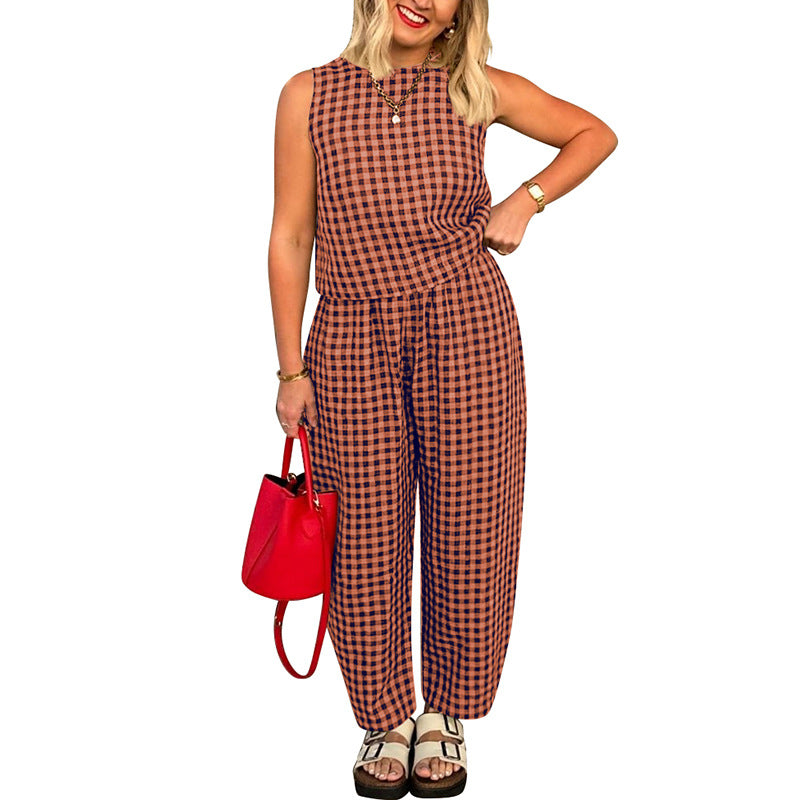 Plaid Sleeveless Top and Pants Set Casual Lounge Set