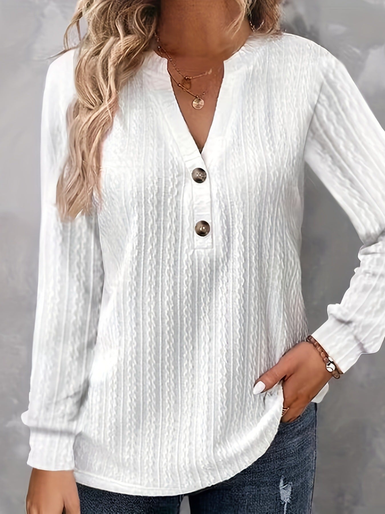 Women's Long Sleeve V Neck Button Front Casual Tunic Top