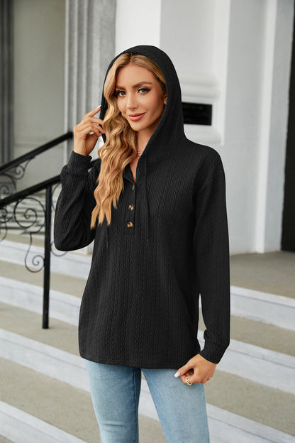 Women's Oversized V-Neck Button Hoodie Long Sleeve Top