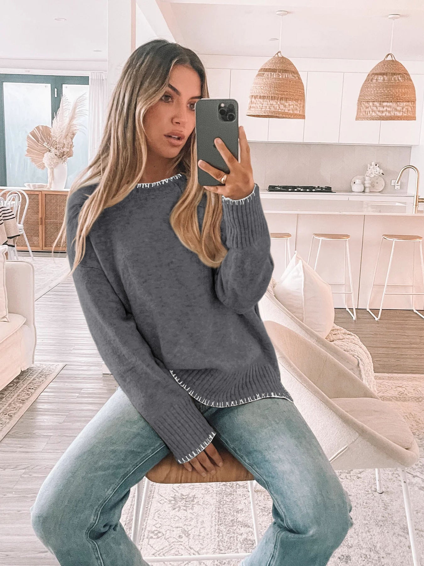 Khaki Contrast Trim Knit Sweater Crew Neck Casual Pullover