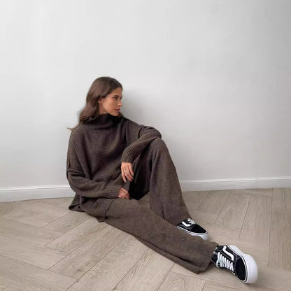 Knit Turtleneck Lounge Set with Wide Leg Pants