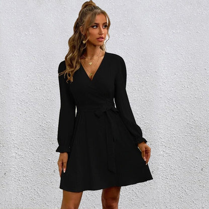 Women's Wrap V-Neck Long Sleeve Tie Waist Dress