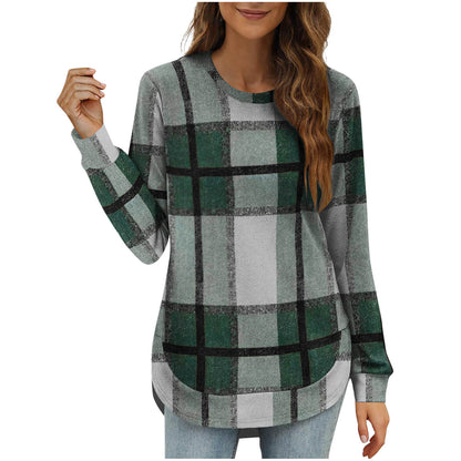 Women's Oversized Plaid Long Sleeve Tunic Top Curved Hem