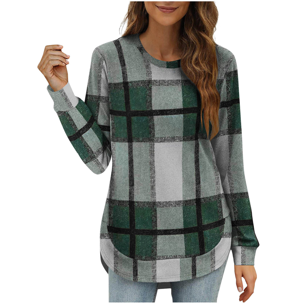 Women's Plaid Oversized Long Sleeve Crew Neck Tunic Top