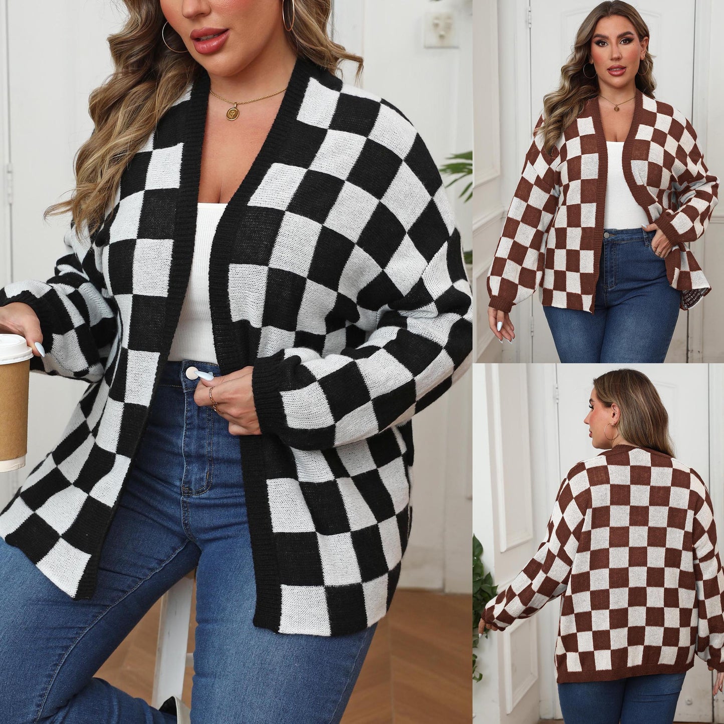 Women's Clothing Contrasting Color Splicing Checkerboard Loose Casual Cardigan Jacket