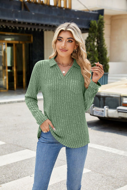 Women's Oversized Collared Long Sleeve Pocket Top