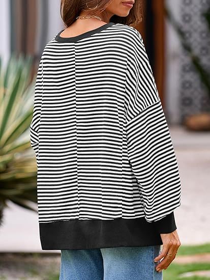 Oversized Waffle Knit Striped Crewneck Side Slit Pullover
