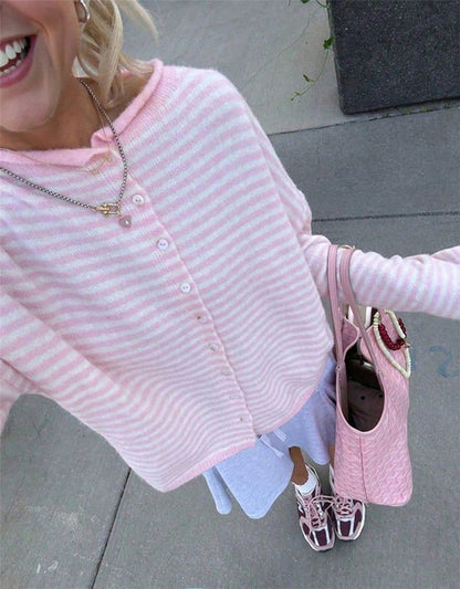 Women's Streetwear Striped Knit Button Cardigan Sweater