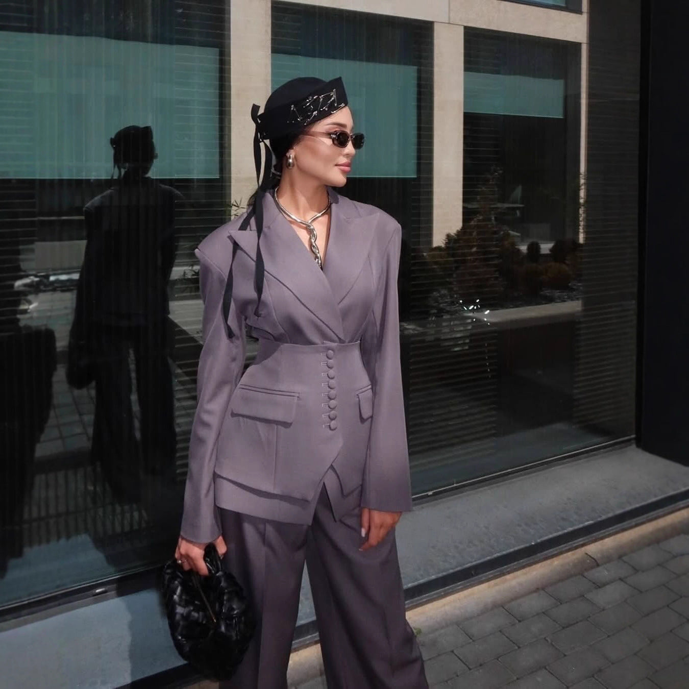 Women's V-Neck Blazer Wide Leg Pants Suit Set