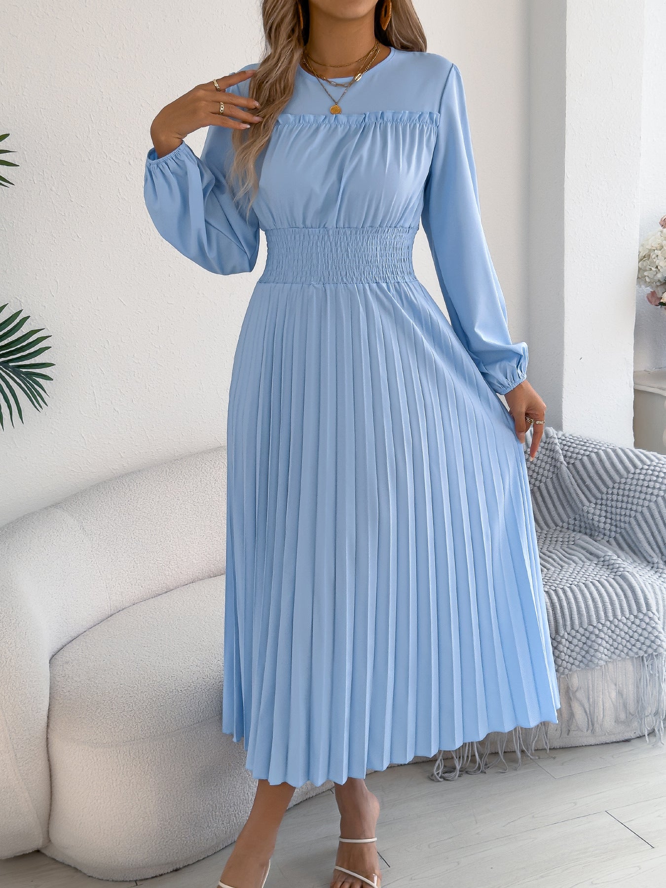 Pleated Maxi Dress Smocked Waist Long Sleeve Midi Dress