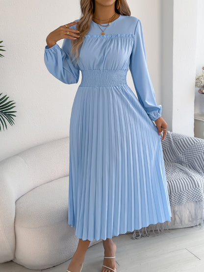 Pleated Maxi Dress Smocked Waist Long Sleeve Midi Dress
