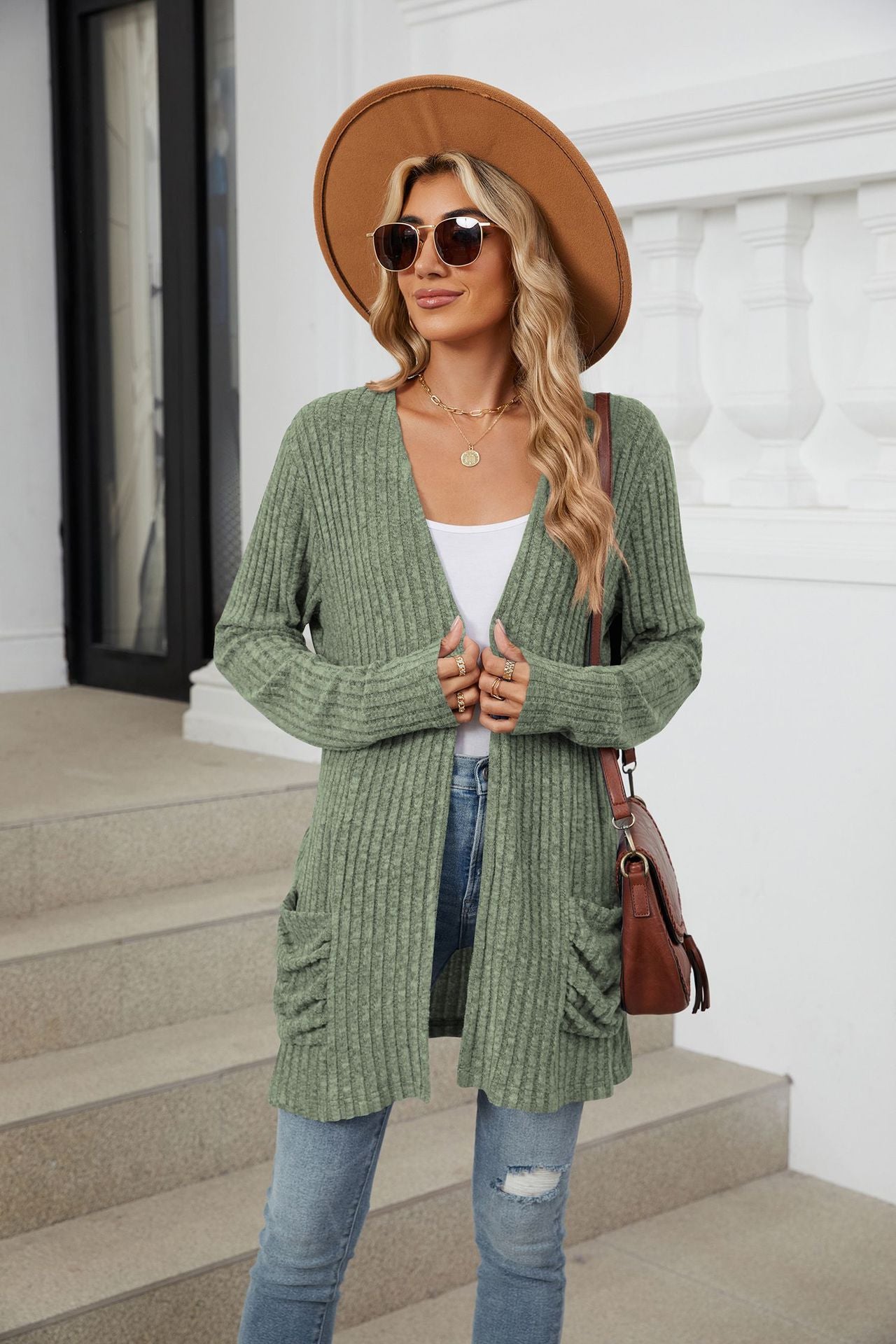 Simple Pocketed Long Sleeve Cardigan Knit Top
