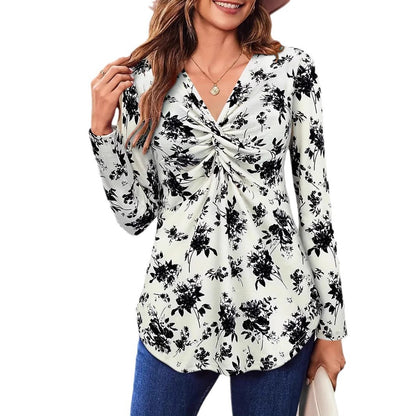 Women's Twist Front V-Neck Long Sleeve Printed Top