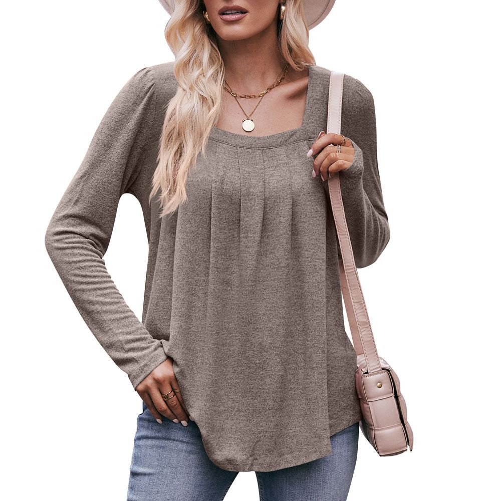 Square Neck Pleated Long Sleeve Top for Women