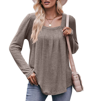 Square Neck Pleated Long Sleeve Top for Women