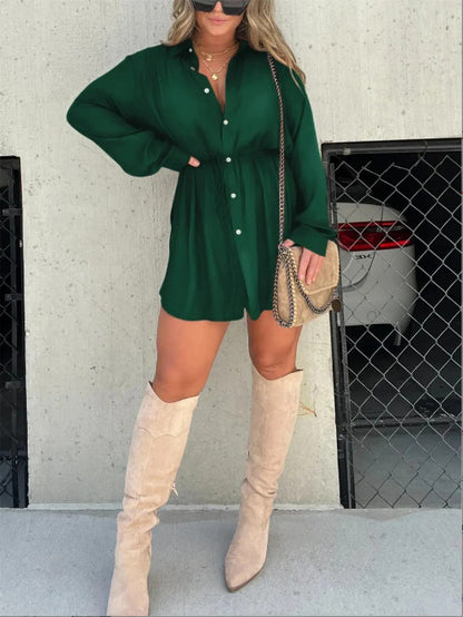 Women's Solid Long Sleeve Button Down Romper