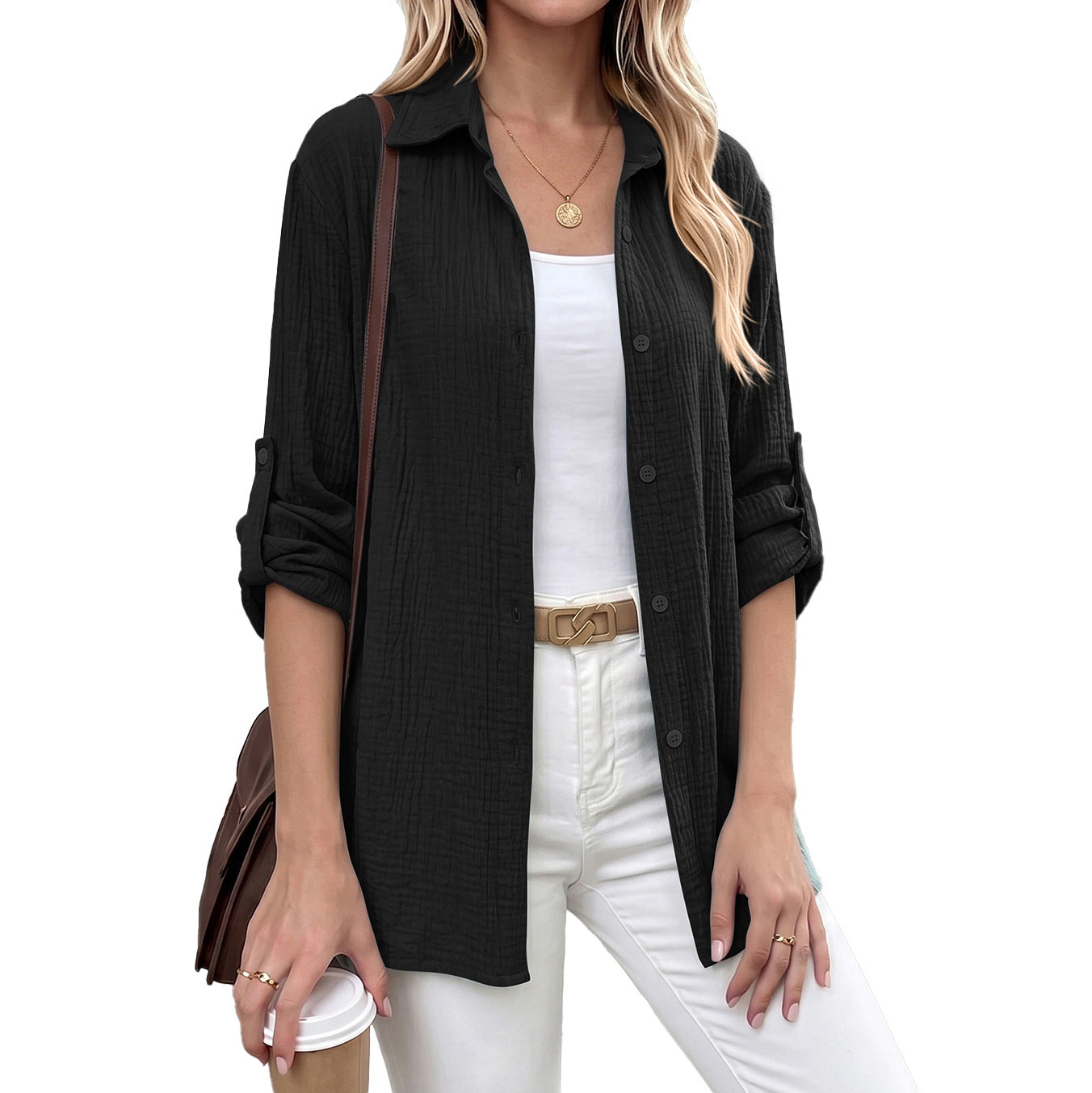 Textured Gauze Button Shirt Roll Tab Sleeve Top
