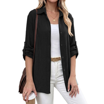 Textured Gauze Button Shirt Roll Tab Sleeve Top