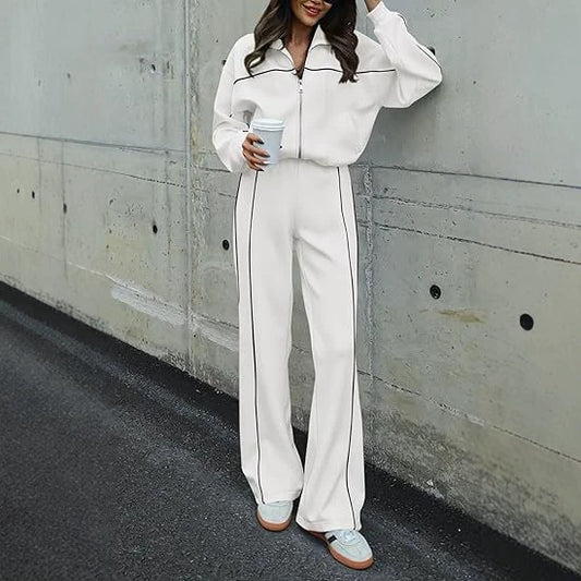Contrast Trim Zip Jacket Pants Two Piece Set