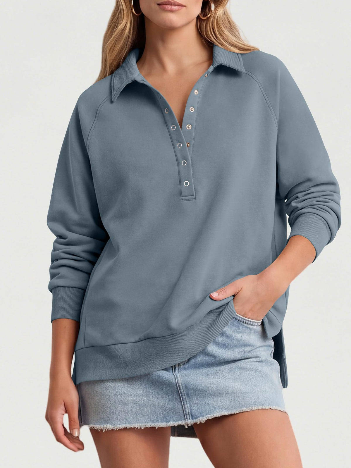 Women's Oversized Collared Button Pullover Sweatshirt