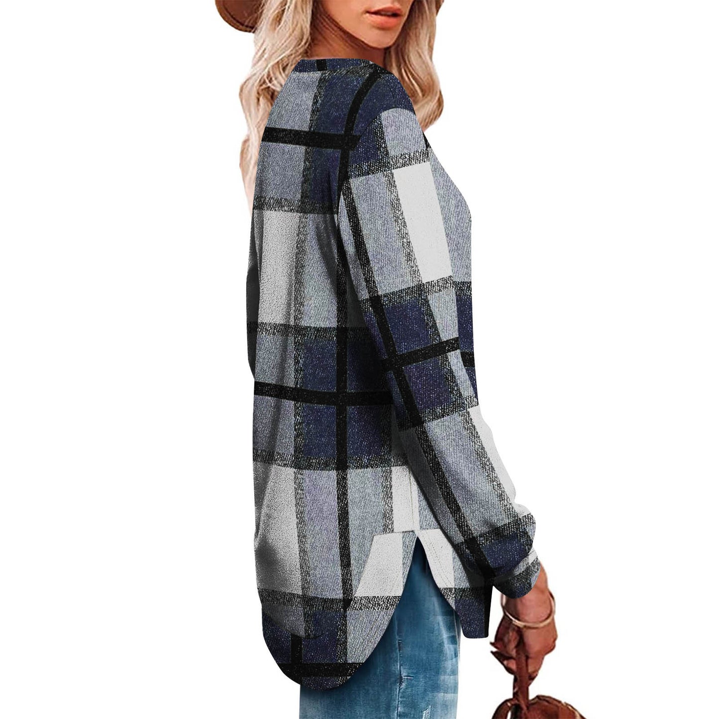 Women's Oversized Plaid Long Sleeve Tunic Top Curved Hem
