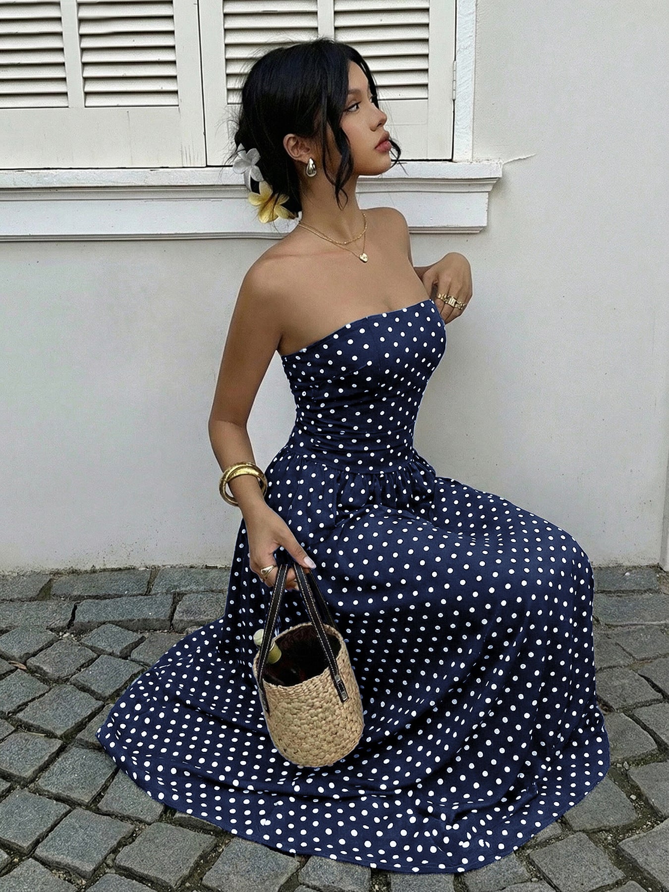 Strapless Polka Dot Maxi Dress Elegant Summer Dress