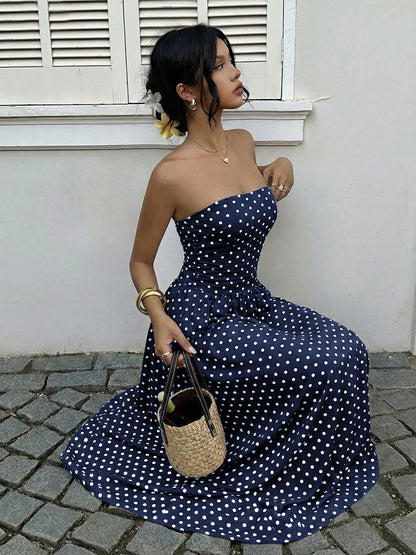 Strapless Polka Dot Maxi Dress Elegant Summer Dress