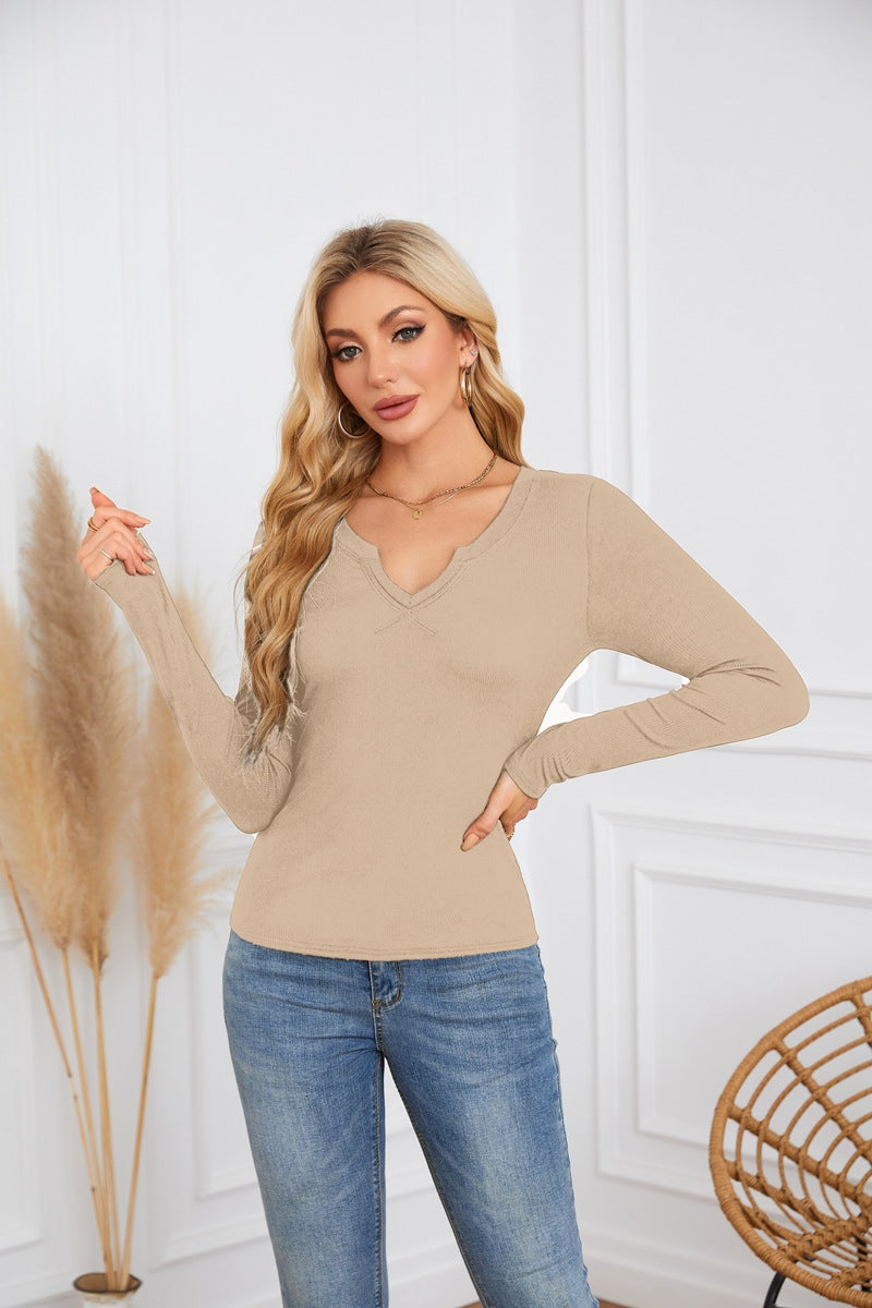 Ribbed Deep V Neck Slim Fit Long Sleeve Tee